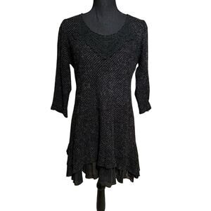 Creation Black Knit Crochet Lace Layer Look Tunic Top Women's S Small